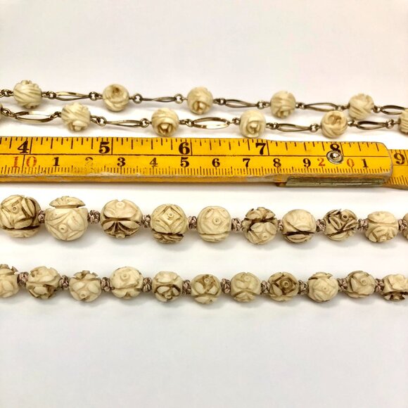 Vintage Bone Rose Boho Necklace Set (2) โ Hand-Carved Cabbage Roses, Silk Strand - Picture 5 of 11